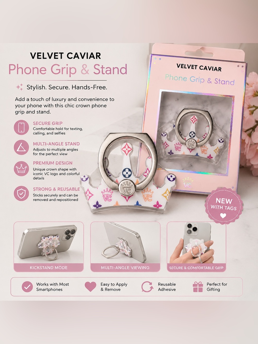 Velvet Caviar Crown Phone Grip & Stand NWT White Multicolor Phone Ring Holder